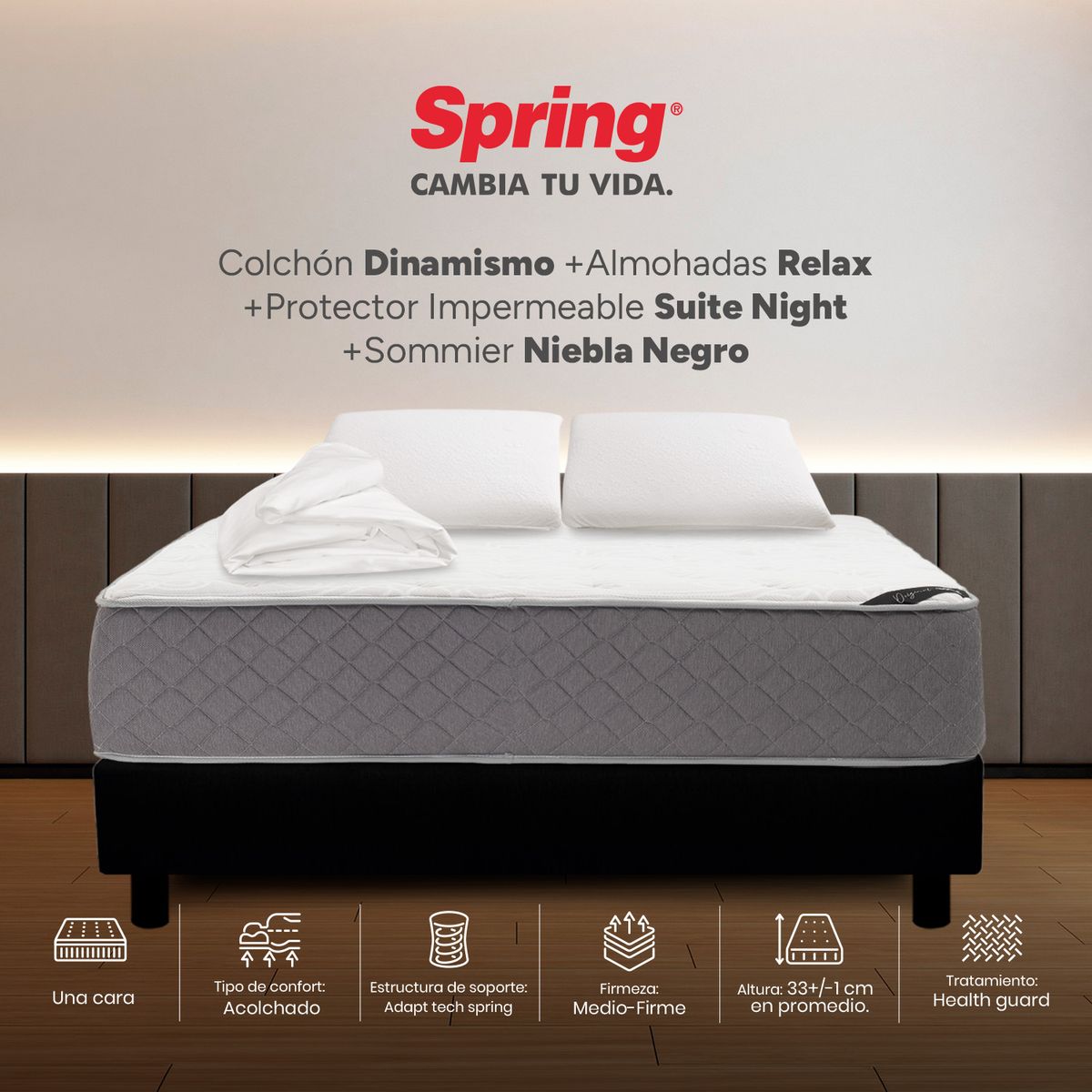 COLCHONES SPRING - Colchón Spring Doble Con Base Cama Firmeza Media Ortopédico Resortado Dinamismo 140 x 190 cm + 2 Almohadas + Protector