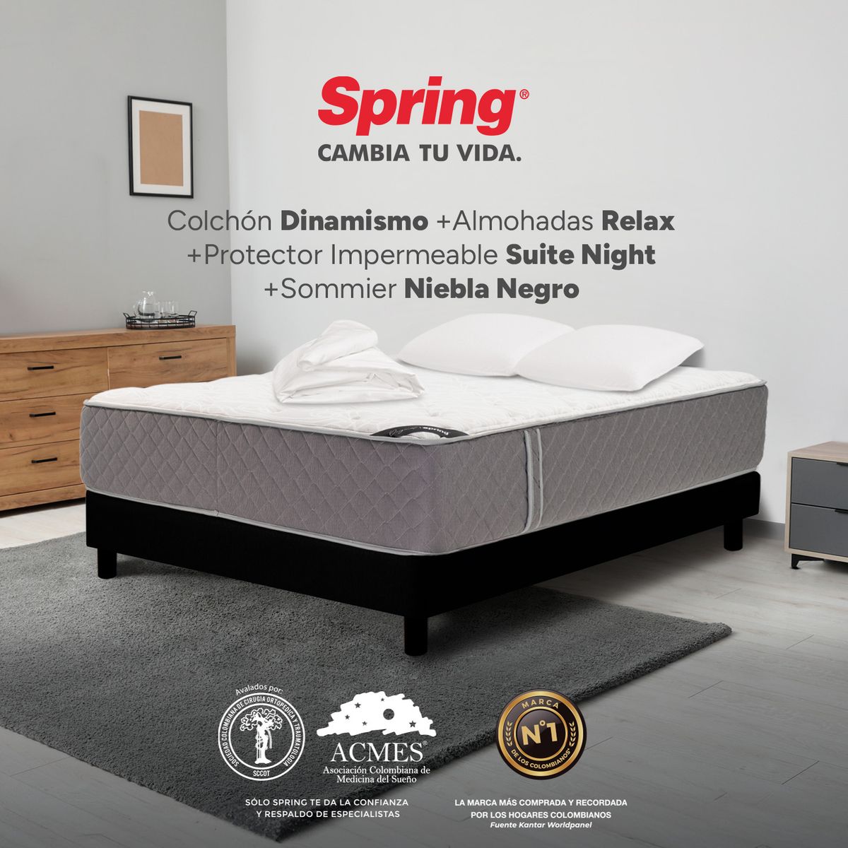 COLCHONES SPRING - Colchón Spring Doble Con Base Cama Firmeza Media Ortopédico Resortado Dinamismo 140 x 190 cm + 2 Almohadas + Protector