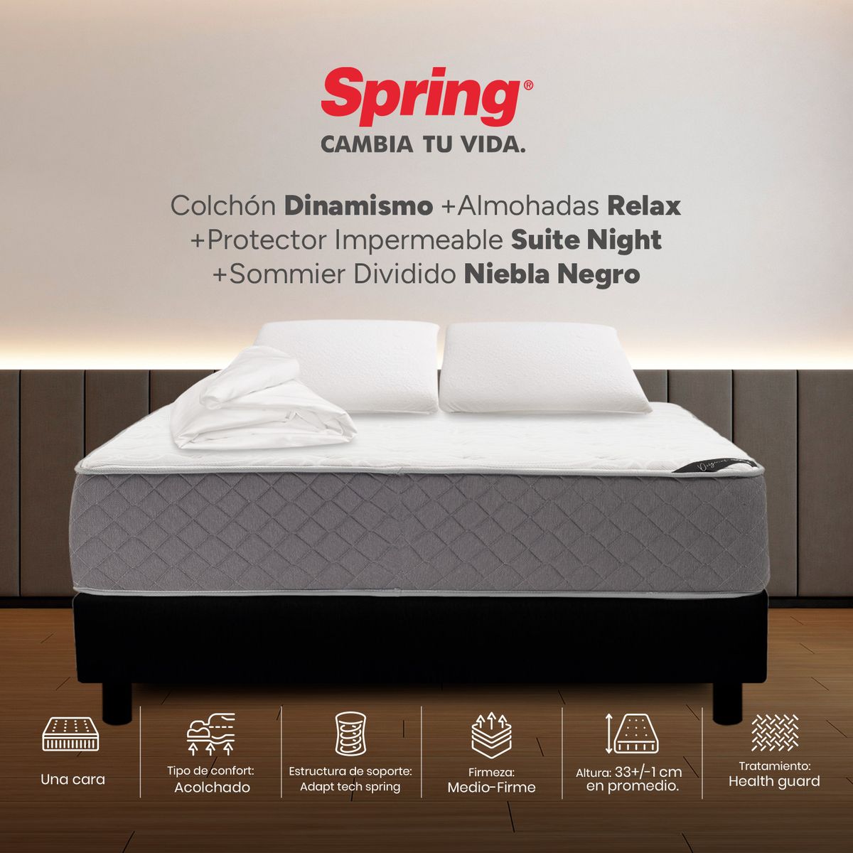 COLCHONES SPRING - Colchón Spring Queen Con Base Cama Firmeza Media Ortopédico Resortado Dinamismo 160 x 190 cm + 2 Almohadas + Protector