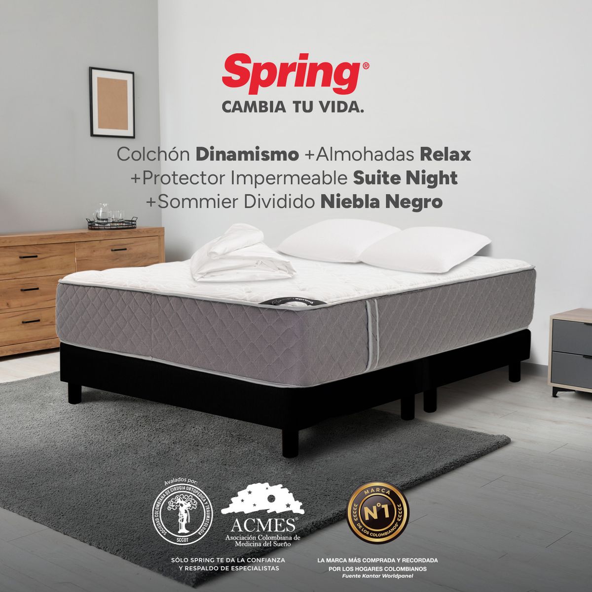 COLCHONES SPRING - Colchón Spring Queen Con Base Cama Firmeza Media Ortopédico Resortado Dinamismo 160 x 190 cm + 2 Almohadas + Protector
