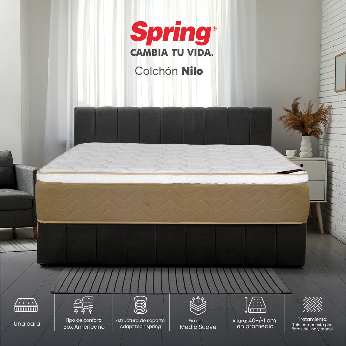 COLCHONES SPRING - Colchón Spring Queen Firmeza Media Ortopédico Resortado Nilo 160 x 190 cm