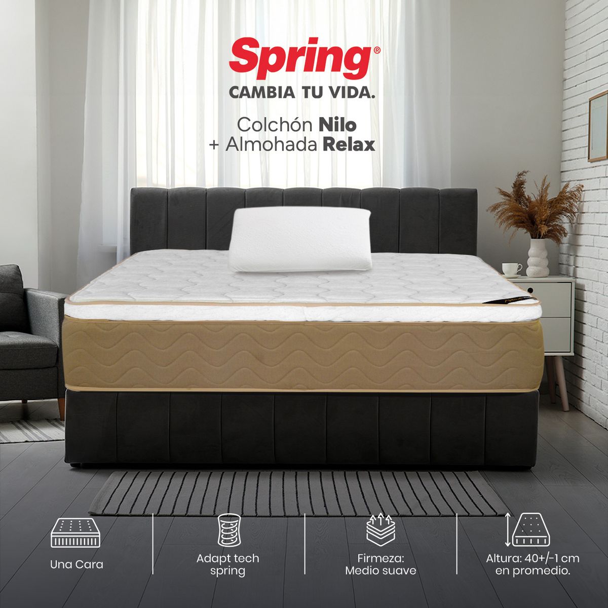 COLCHONES SPRING - Colchón Spring Semidoble Firmeza Media Ortopédico Resortado Nilo 120 x 190 cm + Almohada