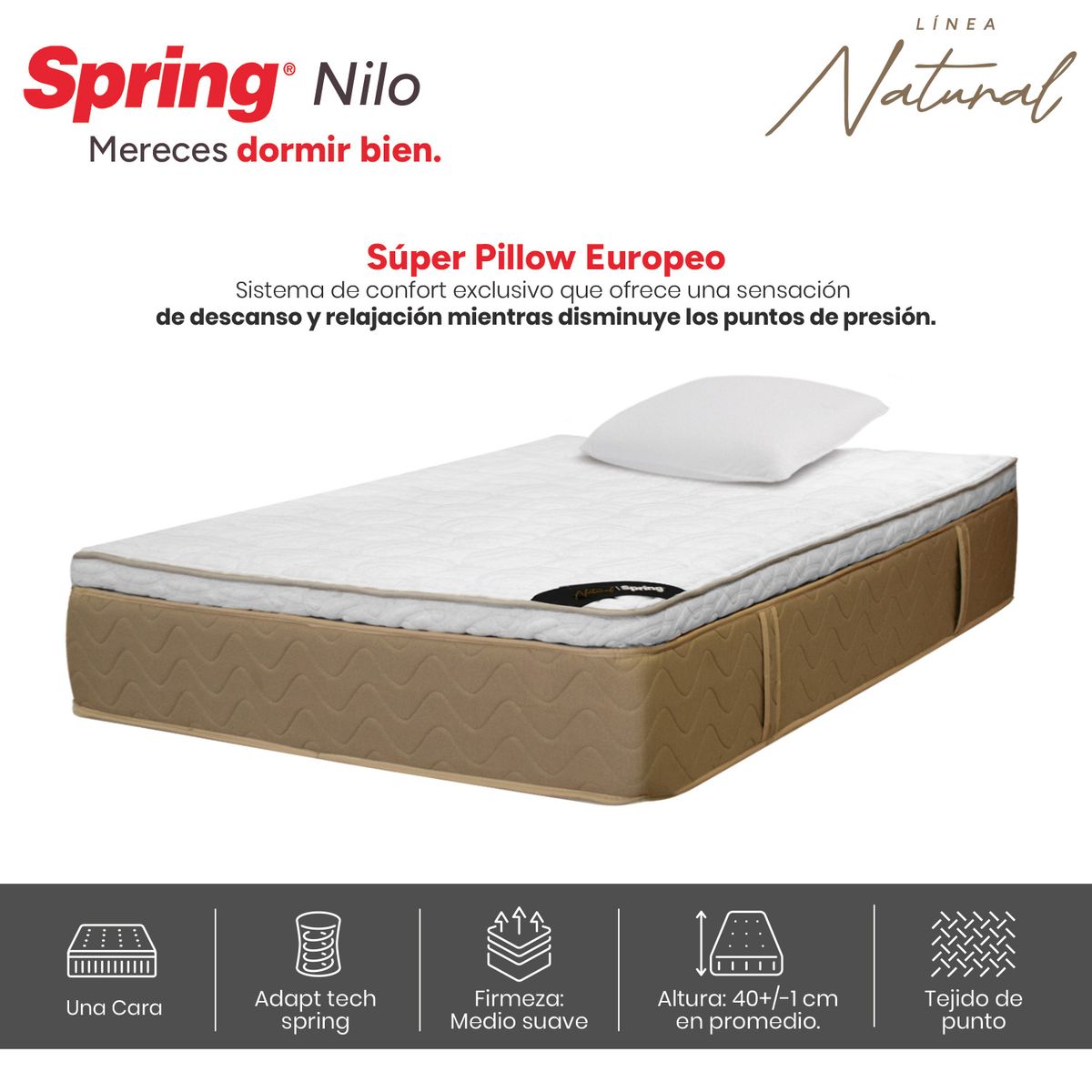 COLCHONES SPRING - Colchón Spring Semidoble Firmeza Media Ortopédico Resortado Nilo 120 x 190 cm + Almohada