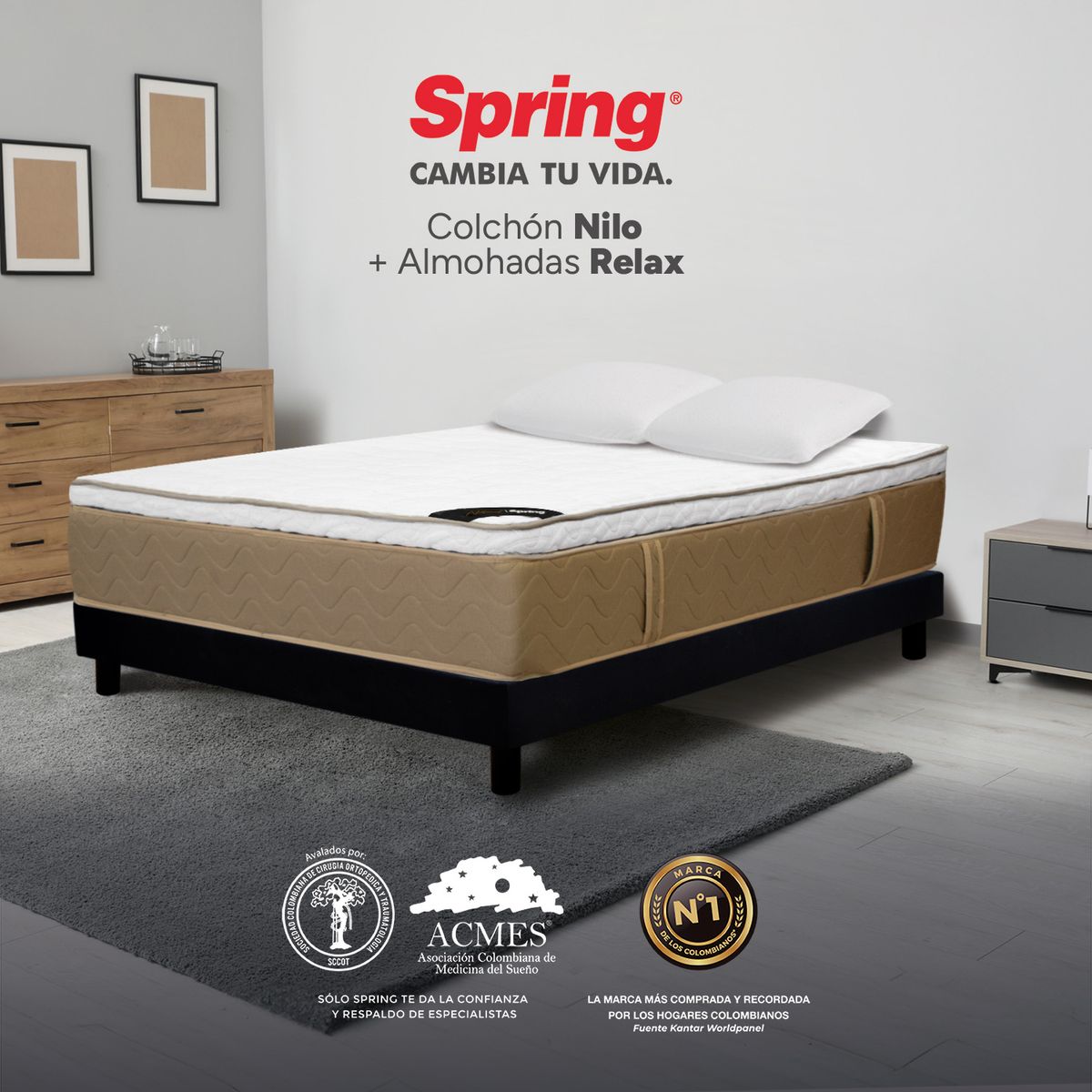 COLCHONES SPRING - Colchón Spring Doble Firmeza Media Ortopédico Resortado Nilo 140 x 190 cm + 2 Almohadas