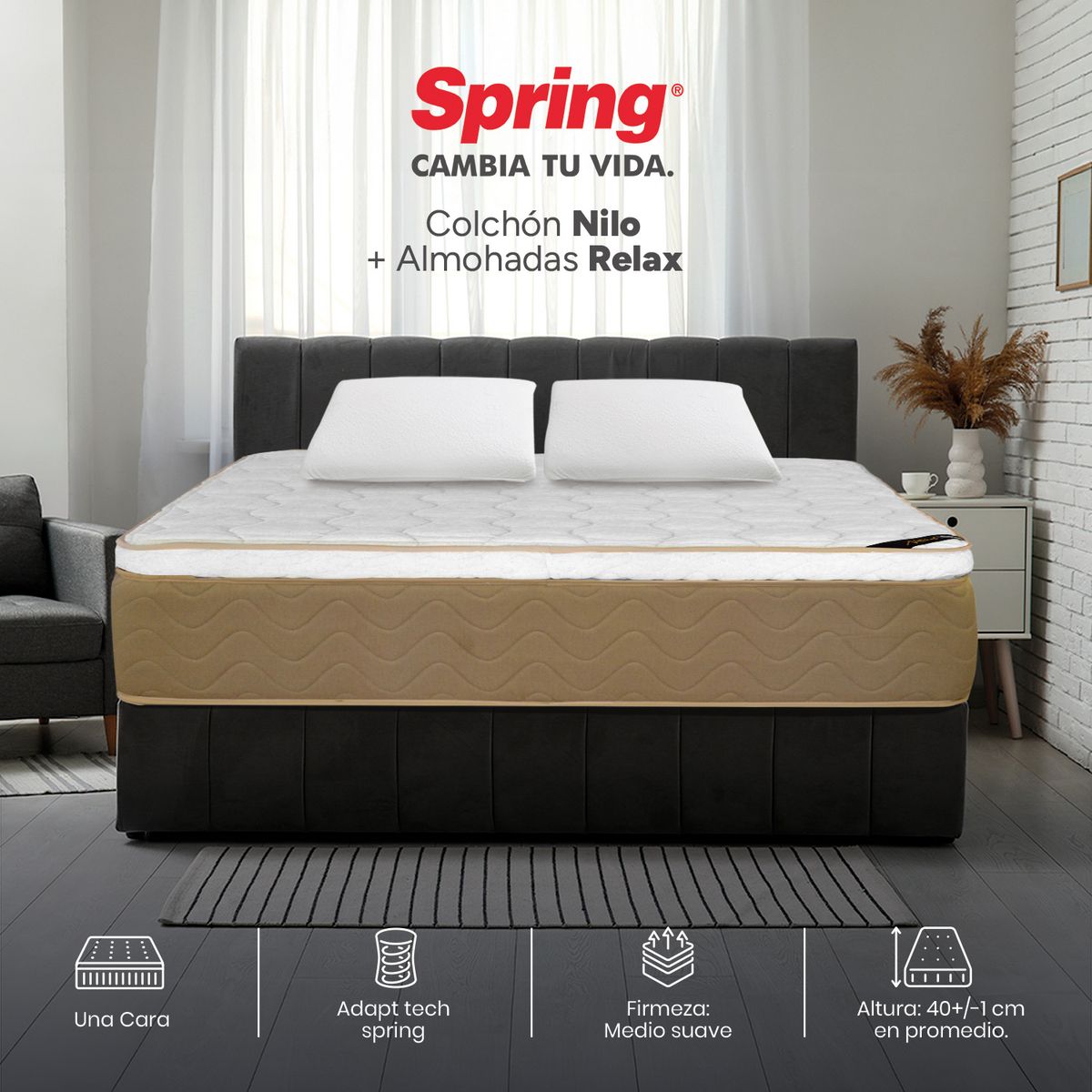 COLCHONES SPRING - Colchón Spring King Firmeza Media Ortopédico Resortado Nilo 200 x 200 cm + 2 Almohadas