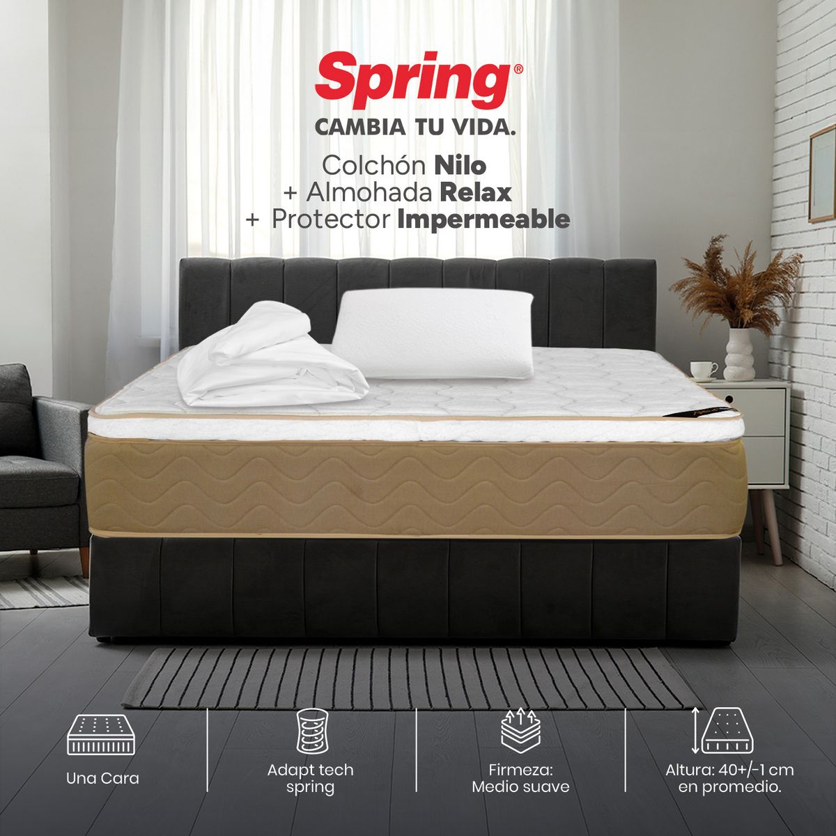 COLCHONES SPRING - Colchón Spring Sencillo Firmeza Media Ortopédico Resortado Nilo 100 x 190 cm + Almohada + Protector