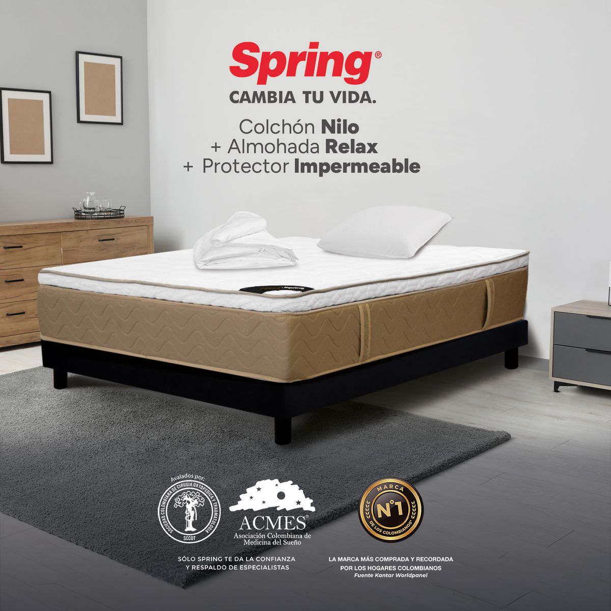 COLCHONES SPRING - Colchón Spring Sencillo Firmeza Media Ortopédico Resortado Nilo 100 x 190 cm + Almohada + Protector