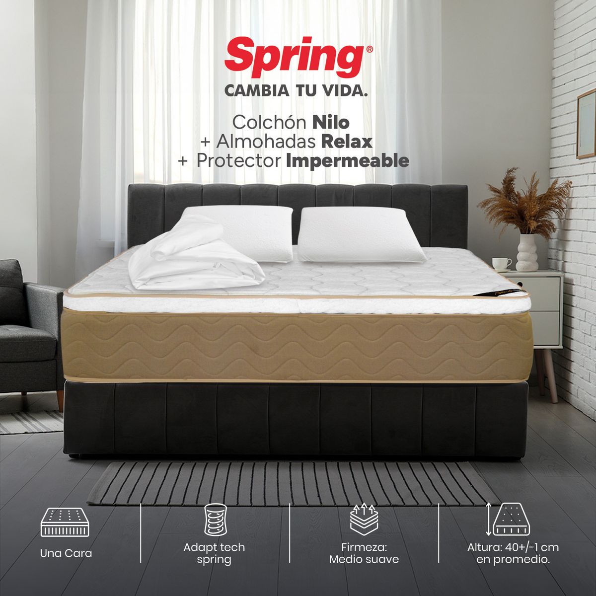 COLCHONES SPRING - Colchón Spring Doble Firmeza Media Ortopédico Resortado Nilo 140 x 190 cm + 2 Almohadas + Protector