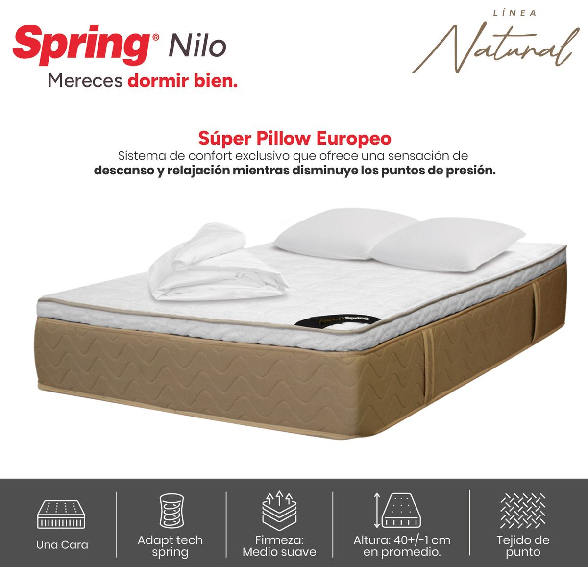 COLCHONES SPRING - Colchón Spring Doble Firmeza Media Ortopédico Resortado Nilo 140 x 190 cm + 2 Almohadas + Protector