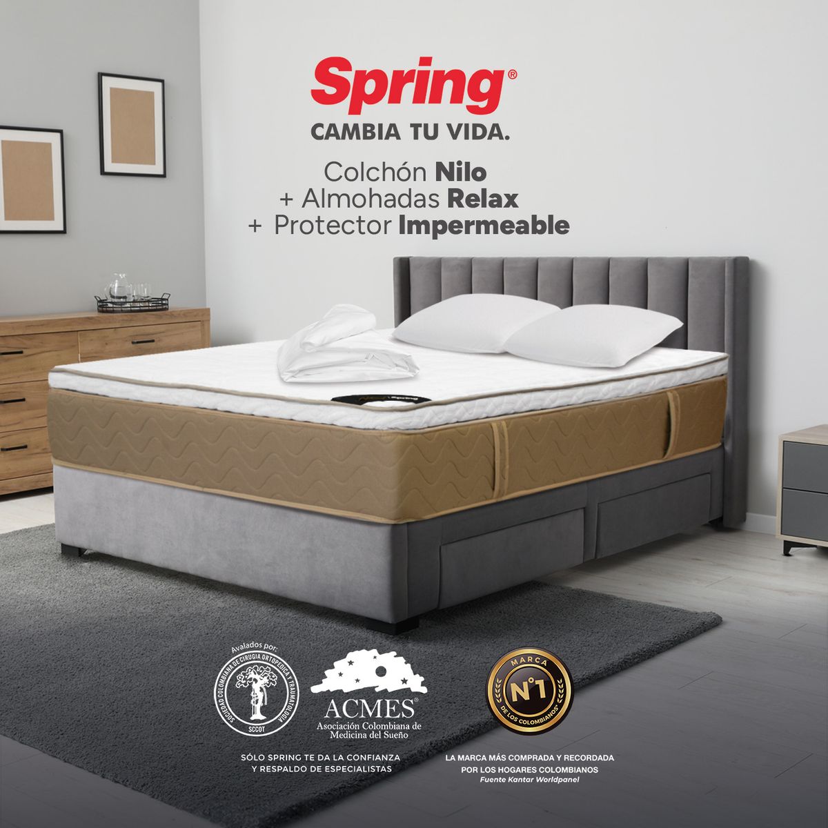 COLCHONES SPRING - Colchón Spring Queen Firmeza Media Ortopédico Resortado Nilo 160 x 190 cm + 2 Almohadas + Protector