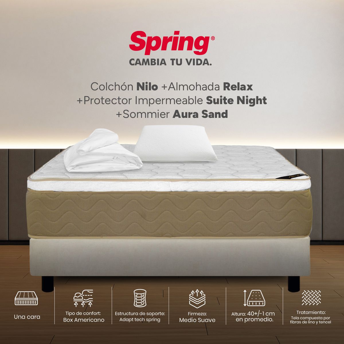 COLCHONES SPRING - Colchón Spring Sencillo Con Base Cama Firmeza Media Ortopédico Resortado Nilo 100 x 190 cm + Almohada + Protector