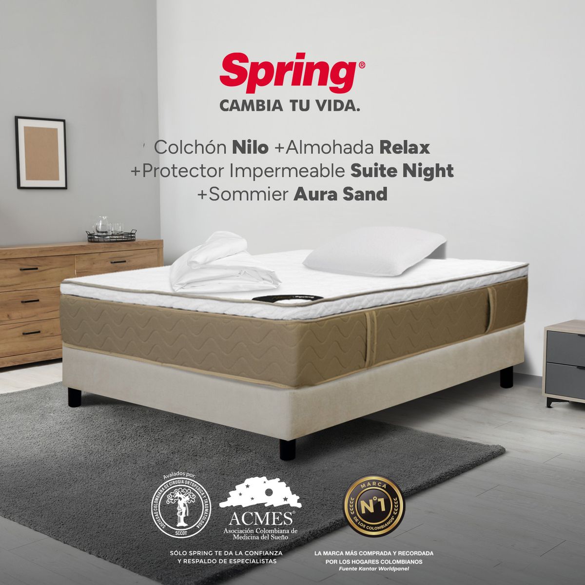 COLCHONES SPRING - Colchón Spring Sencillo Con Base Cama Firmeza Media Ortopédico Resortado Nilo 100 x 190 cm + Almohada + Protector