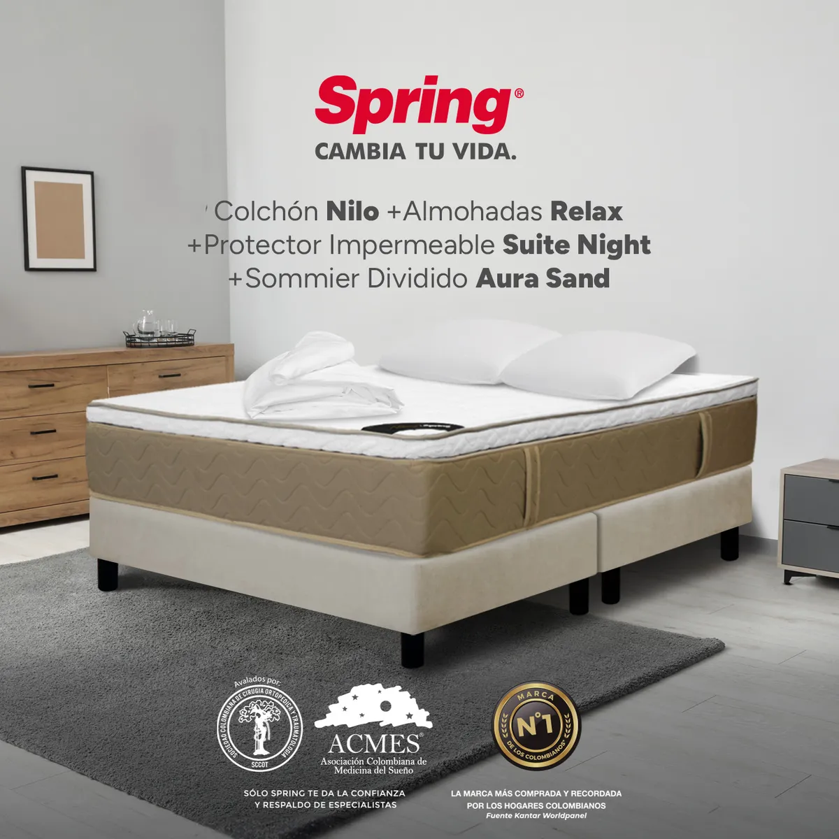 COLCHONES SPRING - Colchón Spring Queen Con Base Cama Firmeza Media Ortopédico Resortado Nilo 160 x 190 cm + 2 Almohadas + Protector