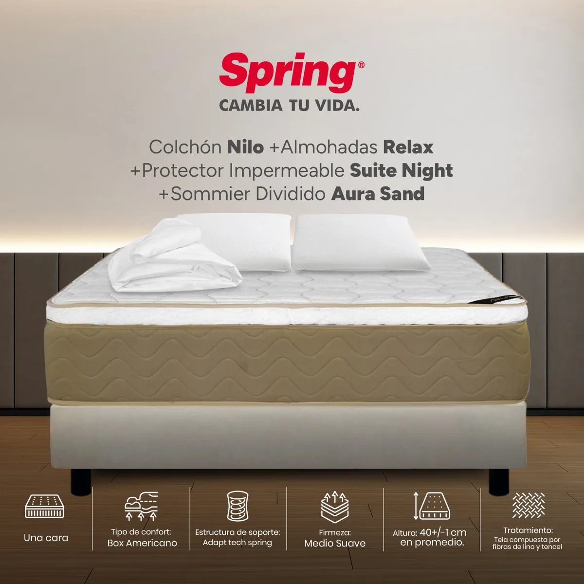 COLCHONES SPRING - Colchón Spring King Con Base Cama Firmeza Media Ortopédico Resortado Nilo 200 x 200 cm + 2 Almohadas + Protector