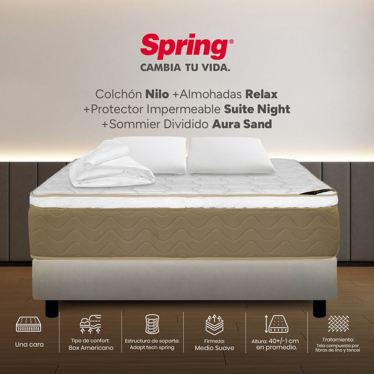 COLCHONES SPRING - Colchón Spring King Con Base Cama Firmeza Media Ortopédico Resortado Nilo 200 x 200 cm + 2 Almohadas + Protector