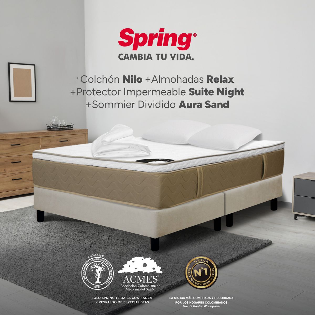 COLCHONES SPRING - Colchón Spring King Con Base Cama Firmeza Media Ortopédico Resortado Nilo 200 x 200 cm + 2 Almohadas + Protector