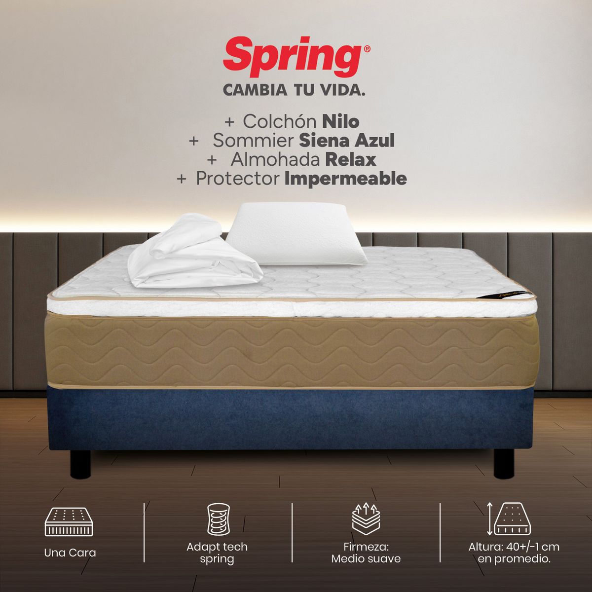 COLCHONES SPRING - Colchón Spring Semidoble Con Base Cama Firmeza Media Ortopédico Resortado Nilo 120 x 190 cm + Almohada + Protector
