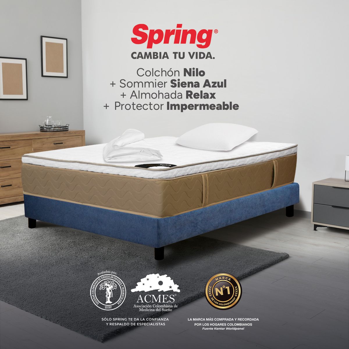 COLCHONES SPRING - Colchón Spring Semidoble Con Base Cama Firmeza Media Ortopédico Resortado Nilo 120 x 190 cm + Almohada + Protector