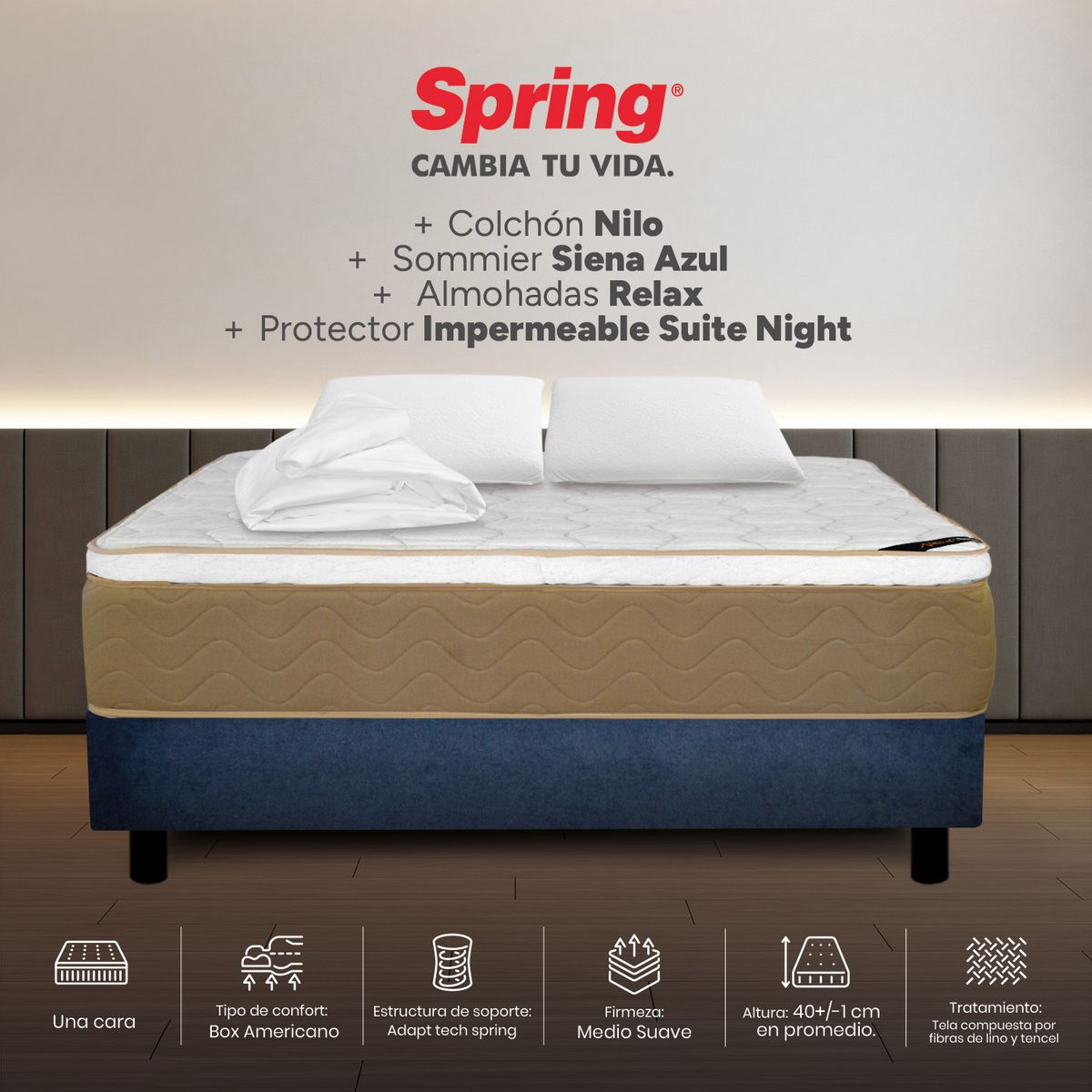 COLCHONES SPRING - Colchón Spring Doble Con Base Cama Firmeza Media Ortopédico Resortado Nilo 140 x 190 cm + 2 Almohadas + Protector