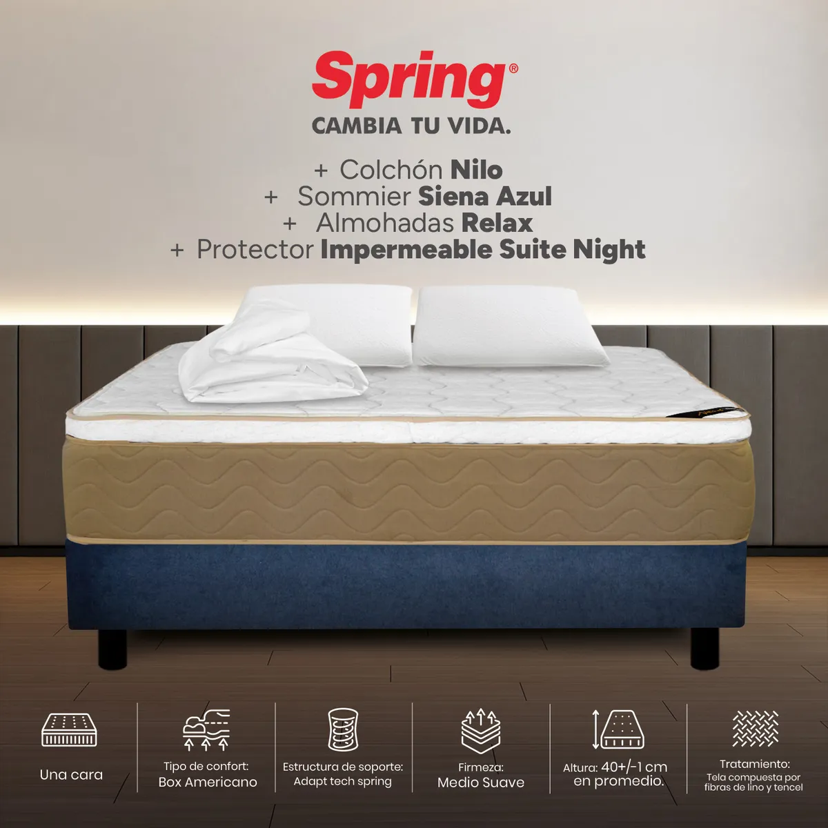 COLCHONES SPRING - Colchón Spring Doble Con Base Cama Firmeza Media Ortopédico Resortado Nilo 140 x 190 cm + 2 Almohadas + Protector