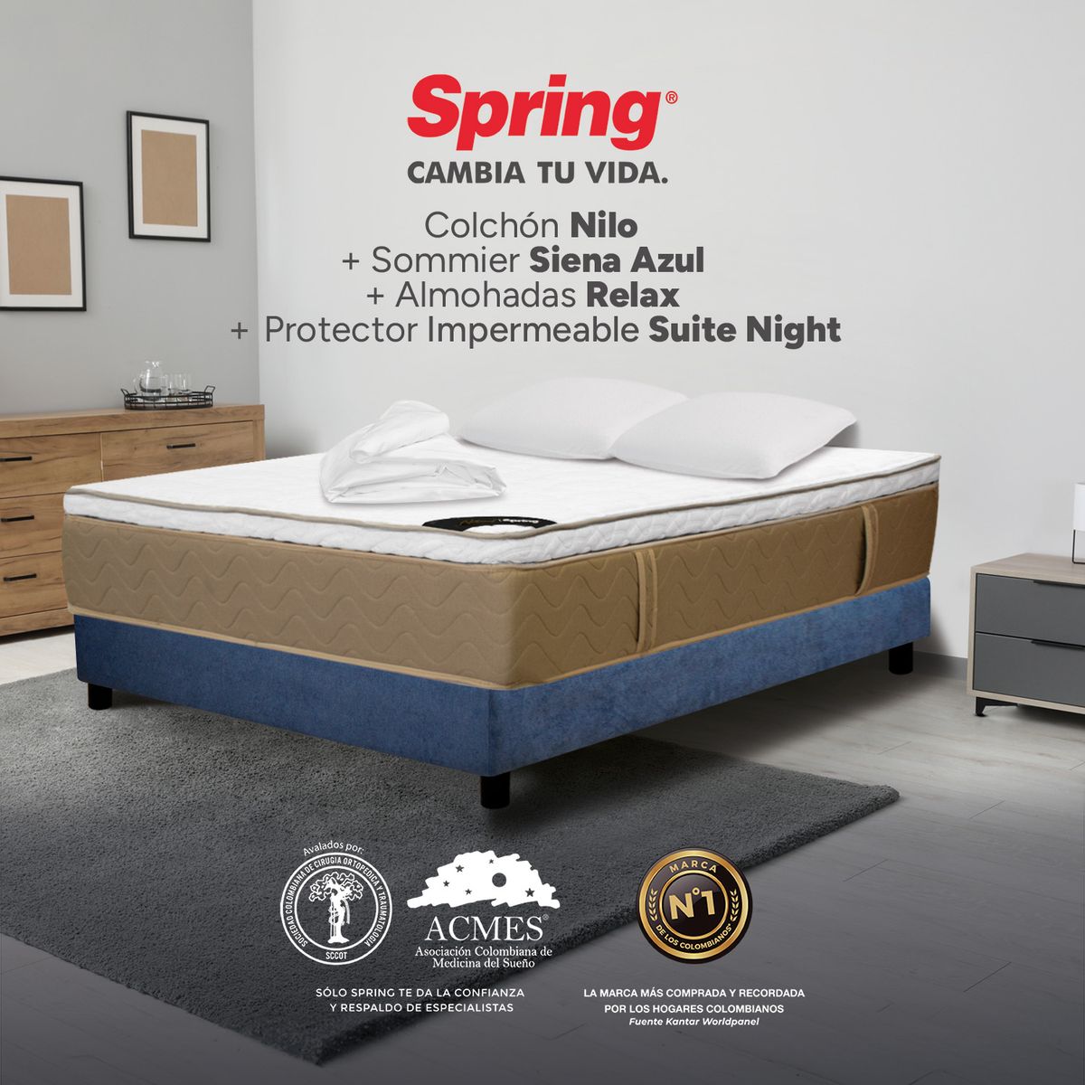 COLCHONES SPRING - Colchón Spring Doble Con Base Cama Firmeza Media Ortopédico Resortado Nilo 140 x 190 cm + 2 Almohadas + Protector