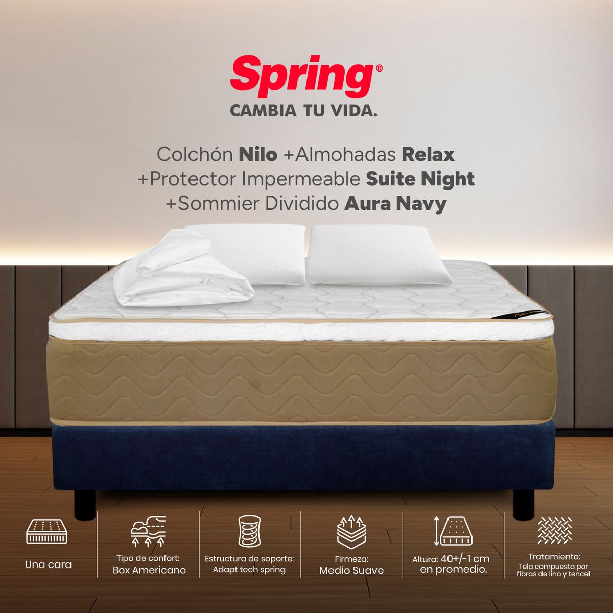 COLCHONES SPRING - Colchón Spring Queen Con Base Cama Firmeza Media Ortopédico Resortado Nilo 160 x 190 cm + 2 Almohadas + Protector