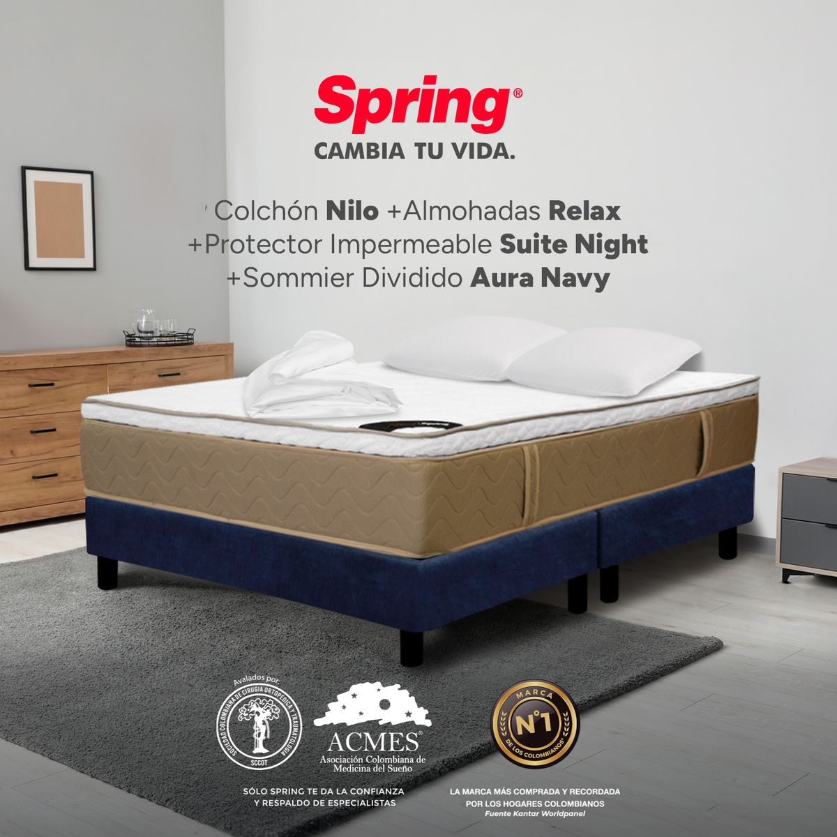 COLCHONES SPRING - Colchón Spring Queen Con Base Cama Firmeza Media Ortopédico Resortado Nilo 160 x 190 cm + 2 Almohadas + Protector