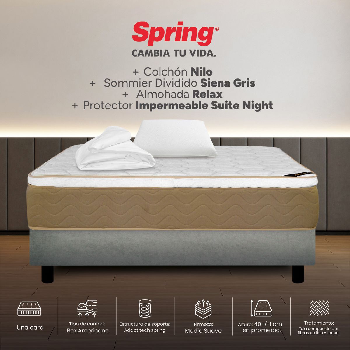 COLCHONES SPRING - Colchón Spring Semidoble Con Base Cama Firmeza Media Ortopédico Resortado Nilo 120 x 190 cm + Almohada + Protector