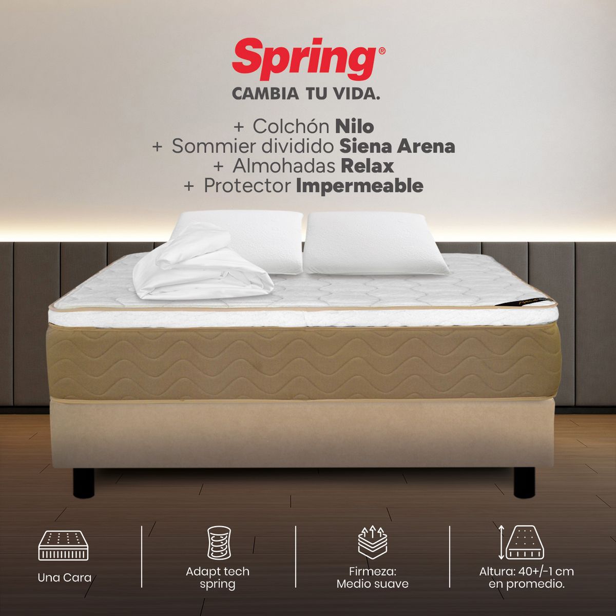 COLCHONES SPRING - Colchón Spring Doble Con Base Cama Firmeza Media Ortopédico Resortado Nilo 140 x 190 cm + 2 Almohadas + Protector