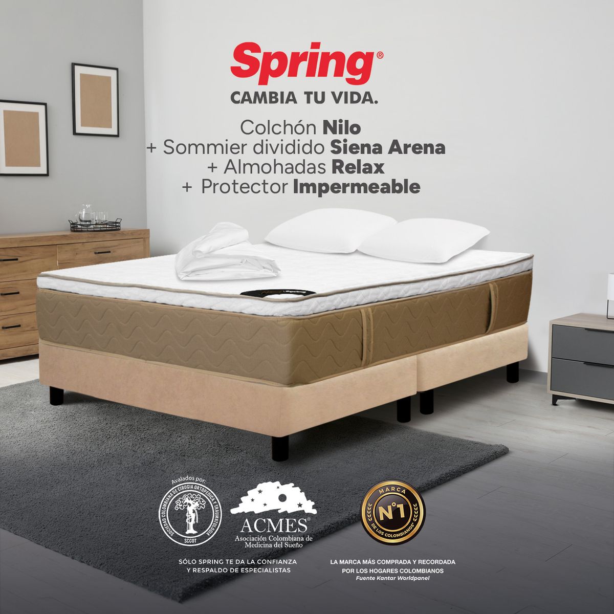 COLCHONES SPRING - Colchón Spring Doble Con Base Cama Firmeza Media Ortopédico Resortado Nilo 140 x 190 cm + 2 Almohadas + Protector