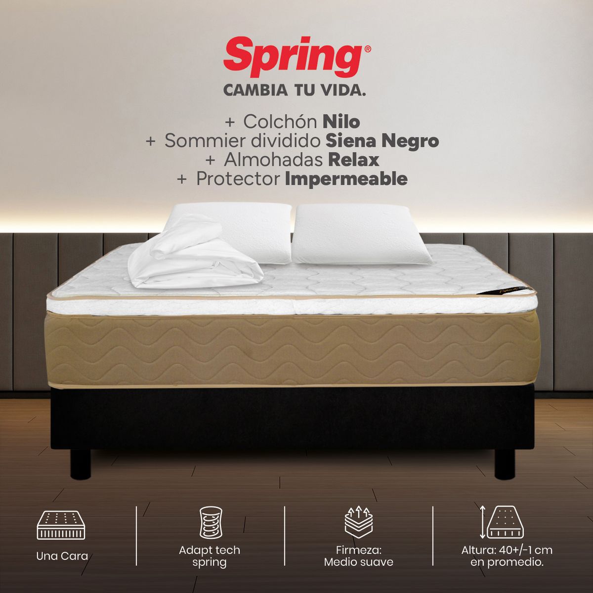 COLCHONES SPRING - Colchón Spring King Con Base Cama Firmeza Media Ortopédico Resortado Nilo 200 x 200 cm + 2 Almohadas + Protector