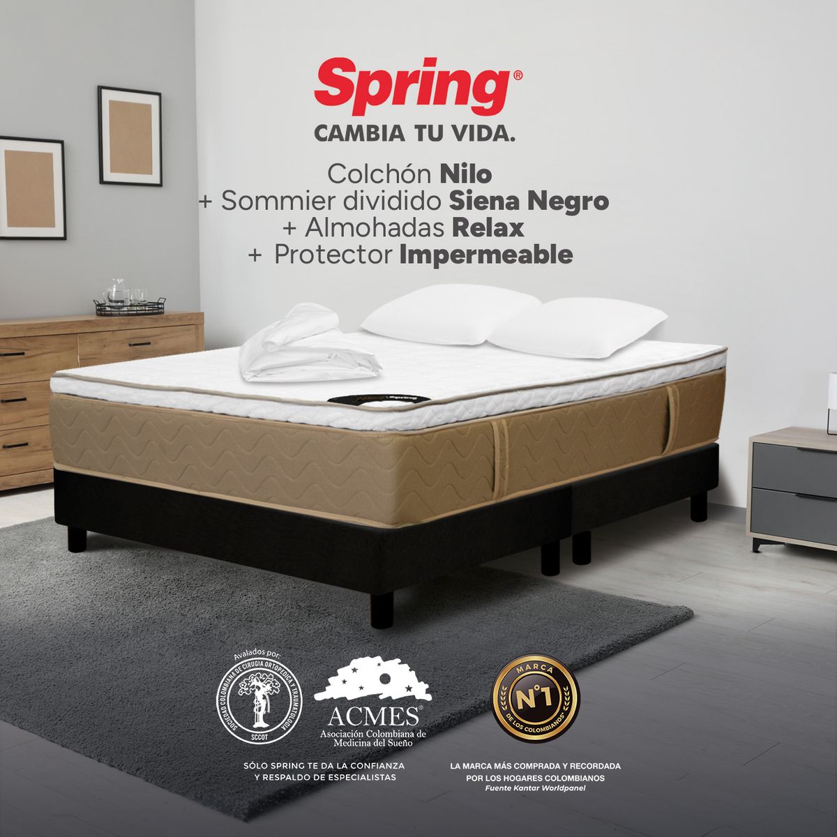 COLCHONES SPRING - Colchón Spring King Con Base Cama Firmeza Media Ortopédico Resortado Nilo 200 x 200 cm + 2 Almohadas + Protector
