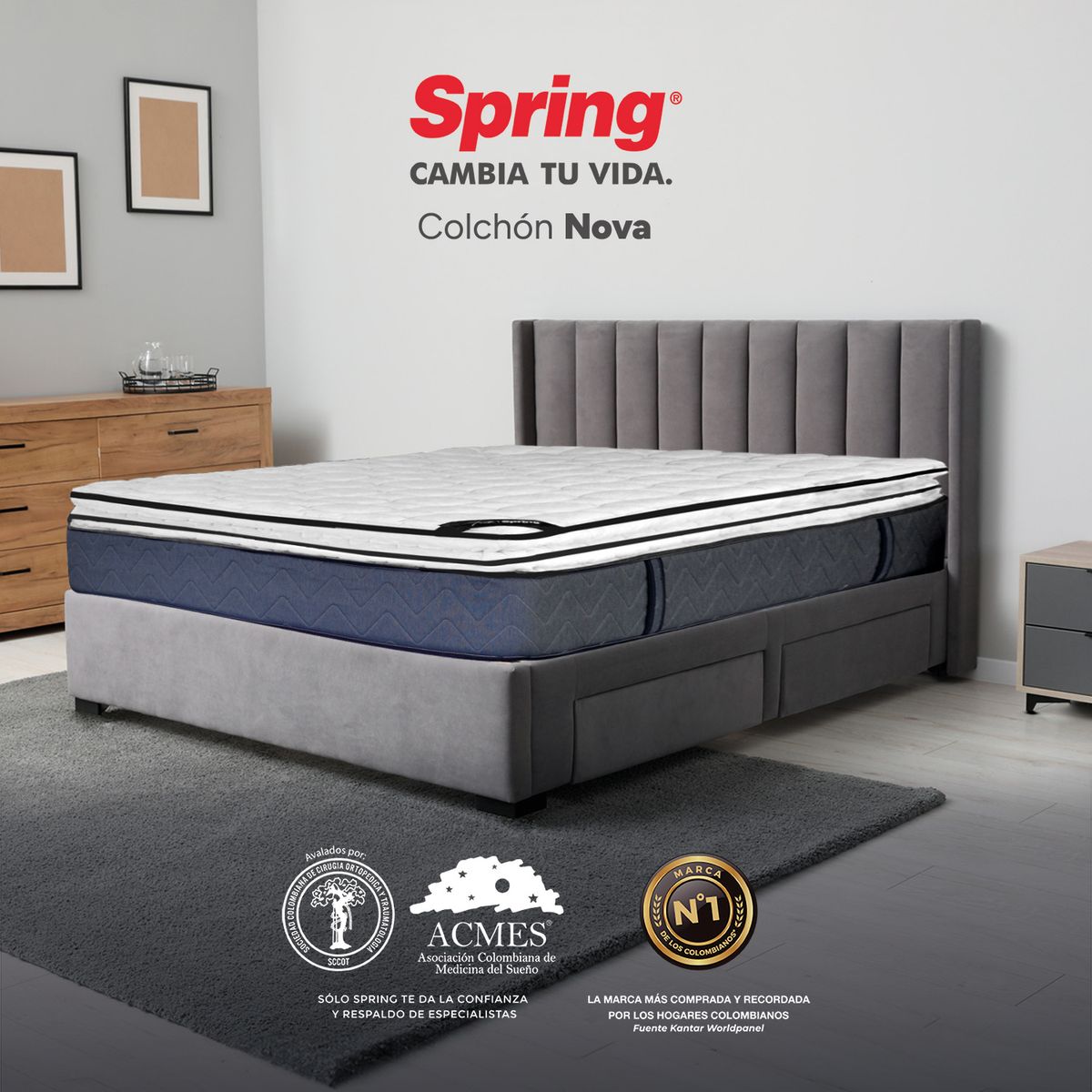 COLCHONES SPRING - Colchón Spring Sencillo Firmeza Media Ortopédico Resortado Nova 100 x 190 cm