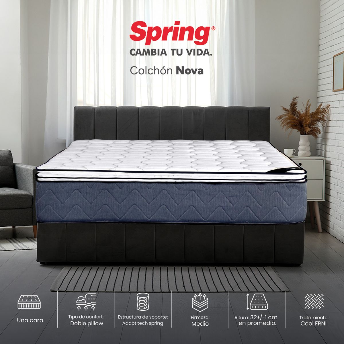 COLCHONES SPRING - Colchón Spring Doble Firmeza Media Ortopédico Resortado Nova 140 x 190 cm