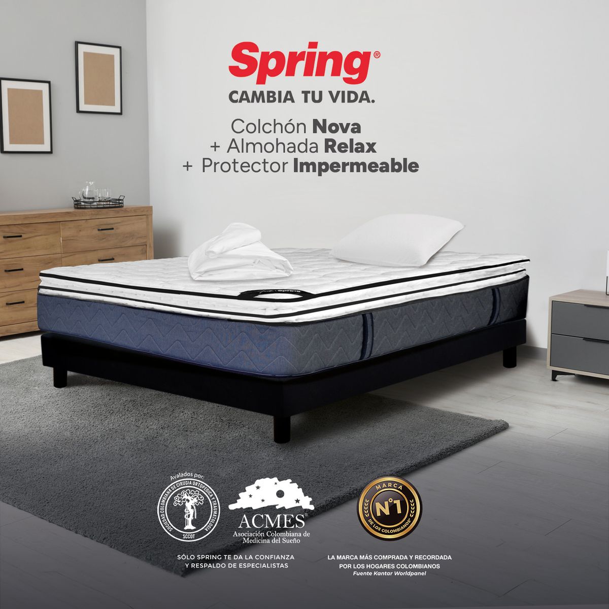 COLCHONES SPRING - Colchón Spring Sencillo Firmeza Media Ortopédico Resortado Nova 100 x 190 cm + Almohada + Protector