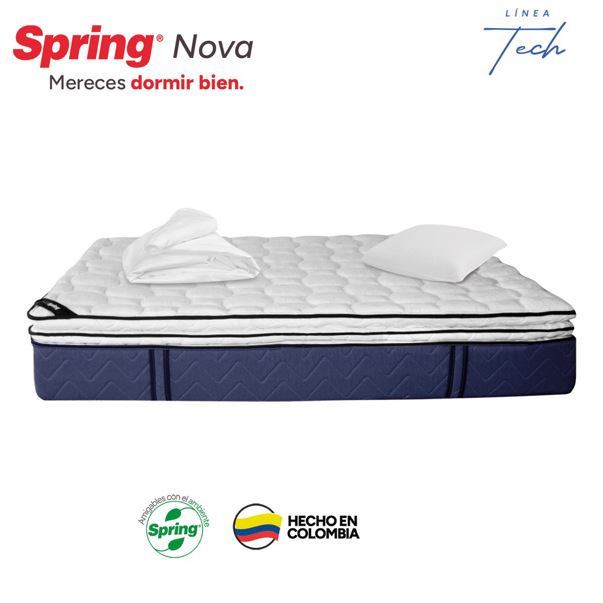 COLCHONES SPRING - Colchón Spring Sencillo Firmeza Media Ortopédico Resortado Nova 100 x 190 cm + Almohada + Protector