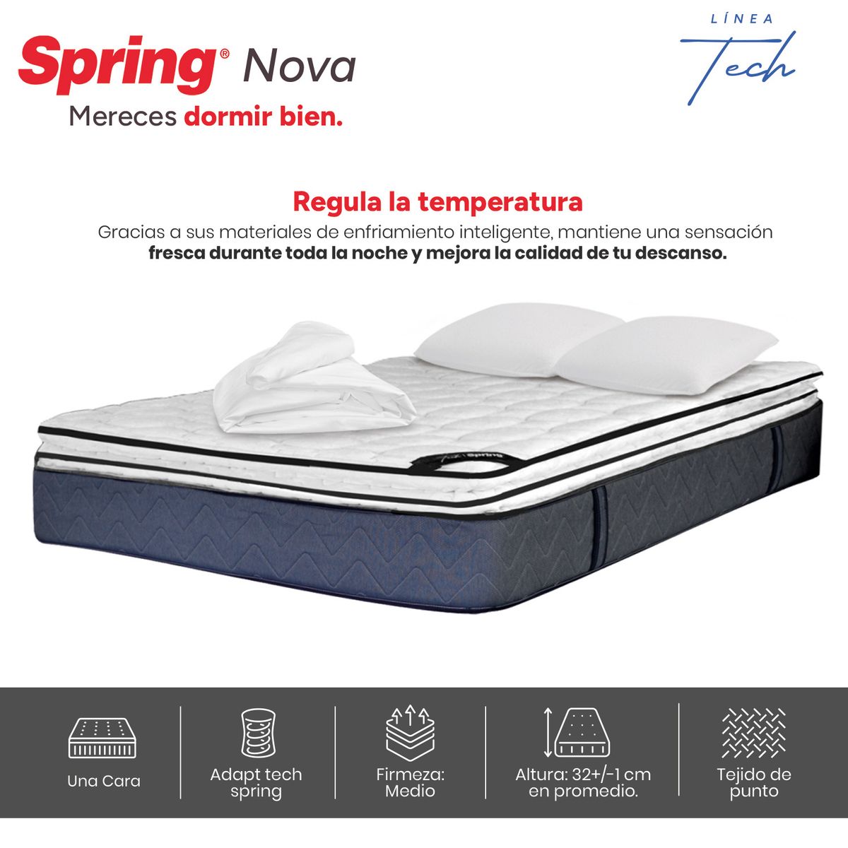 COLCHONES SPRING - Colchón Spring Doble Firmeza Media Ortopédico Resortado Nova 140 x 190 cm + 2 Almohadas + Protector