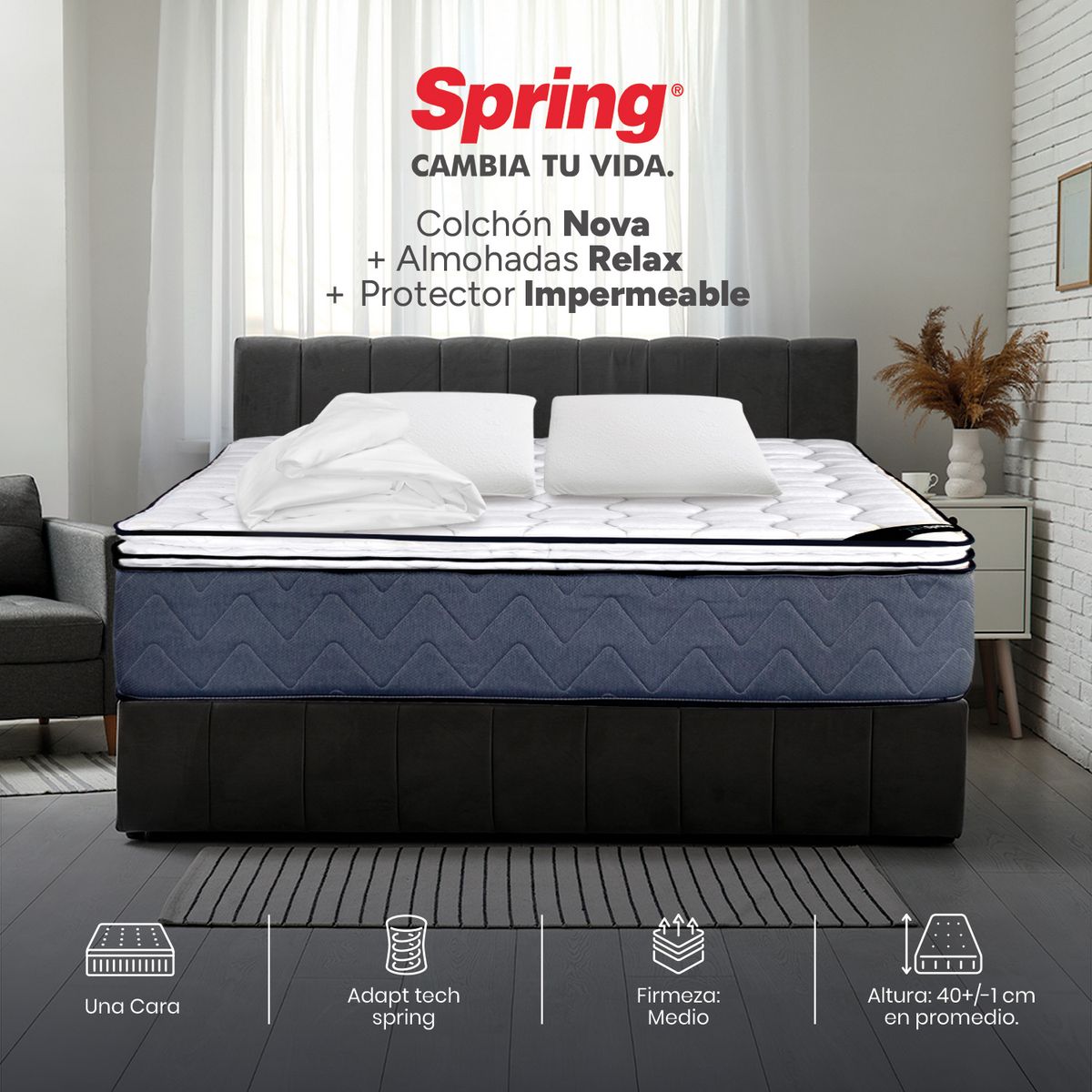 COLCHONES SPRING - Colchón Spring King Firmeza Media Ortopédico Resortado Nova 200 x 200 cm + 2 Almohadas + Protector