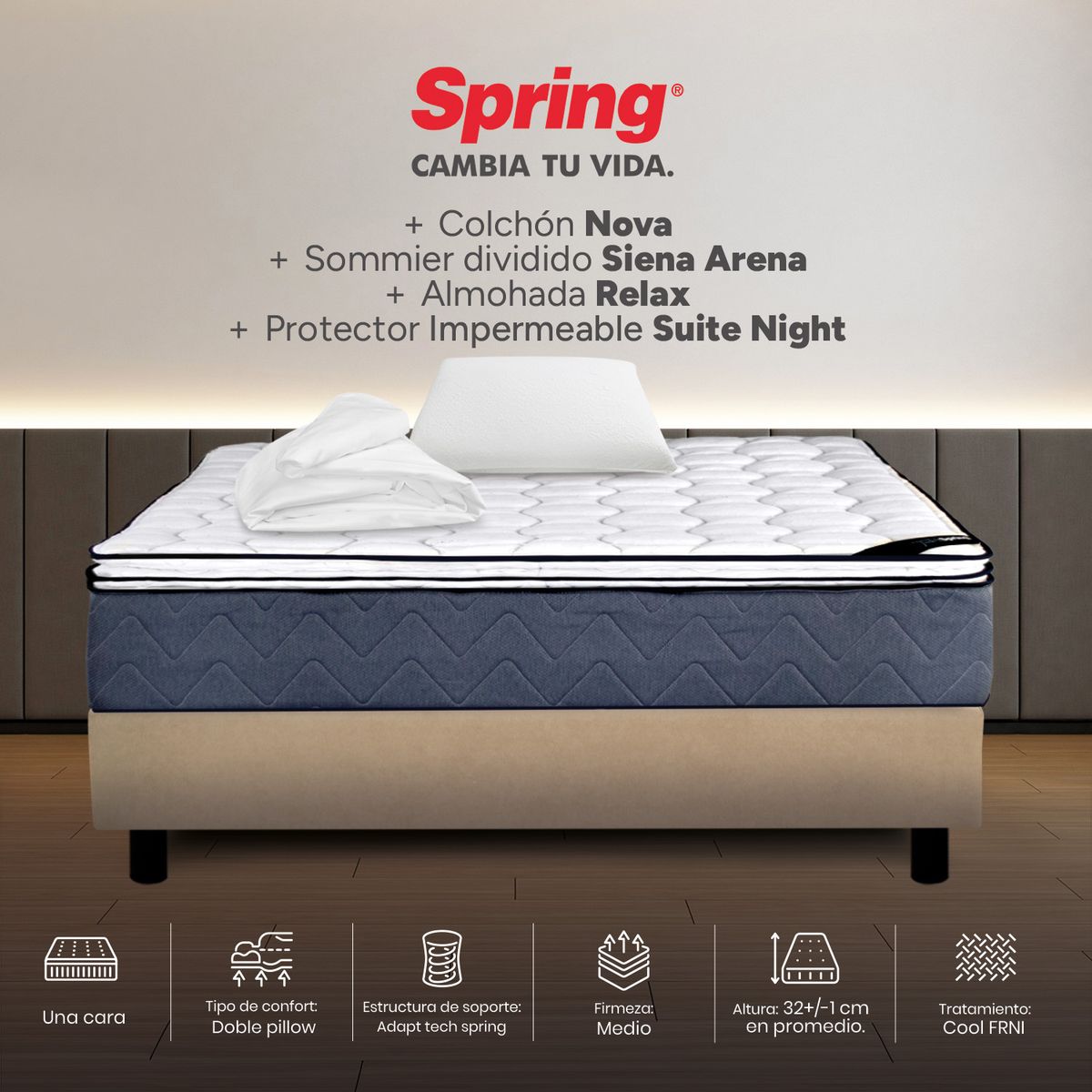 COLCHONES SPRING - Colchón Spring Semidoble Con Base Cama Firmeza Media Ortopédico Resortado Nova 120 x 190 cm + Almohada + Protector