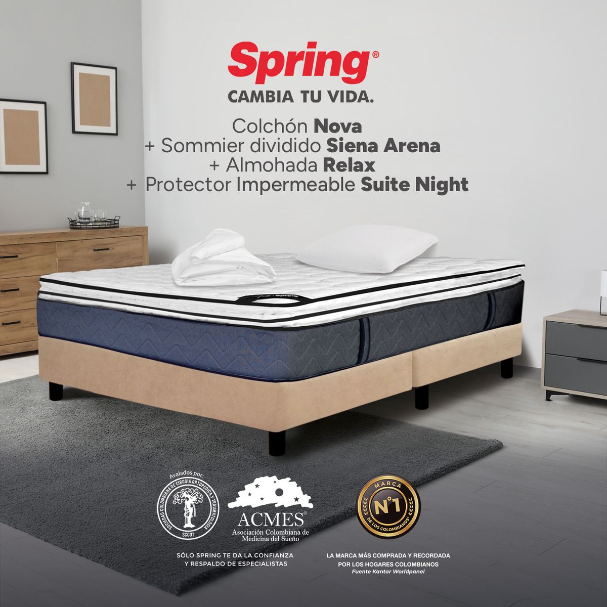 COLCHONES SPRING - Colchón Spring Semidoble Con Base Cama Firmeza Media Ortopédico Resortado Nova 120 x 190 cm + Almohada + Protector