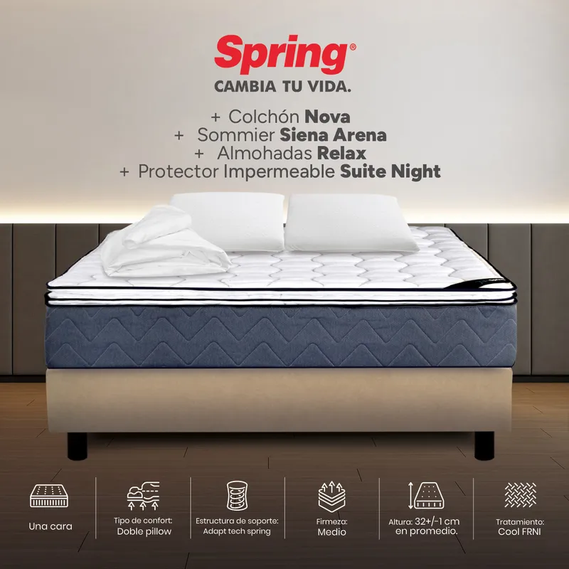 COLCHONES SPRING - Colchón Spring Doble Con Base Cama Firmeza Media Ortopédico Resortado Nova 140 x 190 cm + 2 Almohadas + Protector