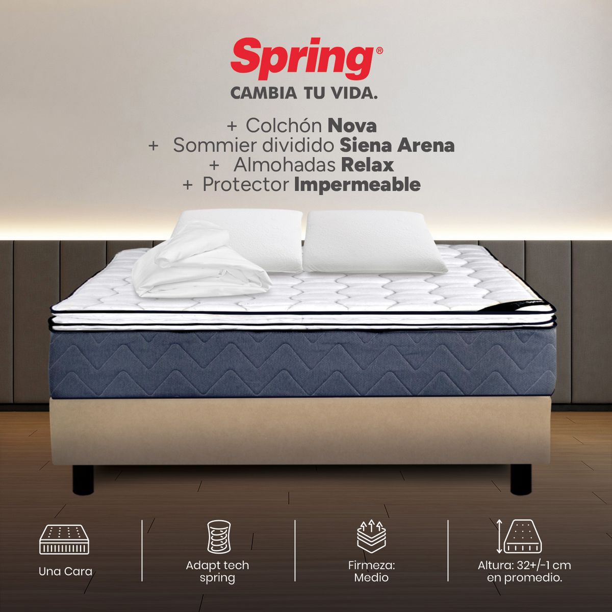 COLCHONES SPRING - Colchón Spring Doble Con Base Cama Firmeza Media Ortopédico Resortado Nova 140 x 190 cm + 2 Almohadas + Protector