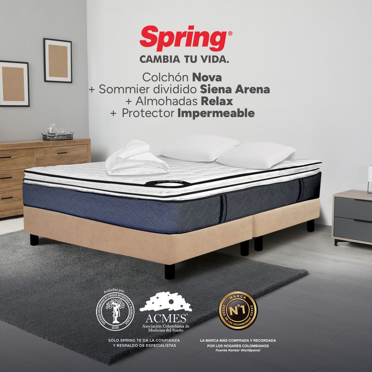 COLCHONES SPRING - Colchón Spring Doble Con Base Cama Firmeza Media Ortopédico Resortado Nova 140 x 190 cm + 2 Almohadas + Protector