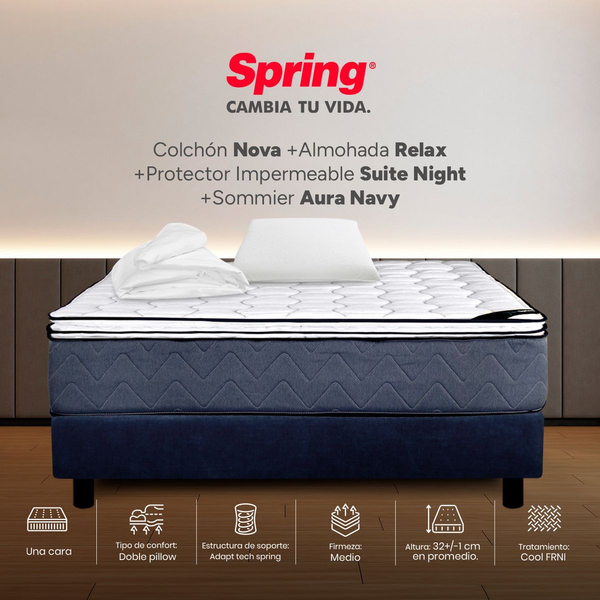 COLCHONES SPRING - Colchón Spring Sencillo Con Base Cama Firmeza Media Ortopédico Resortado Nova 100 x 190 cm + Almohada + Protector
