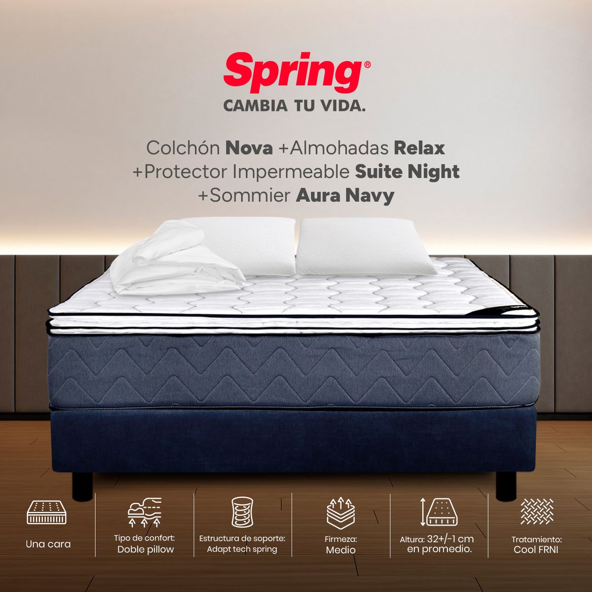 COLCHONES SPRING - Colchón Spring Doble Con Base Cama Firmeza Media Ortopédico Resortado Nova 140 x 190 cm + 2 Almohadas + Protector