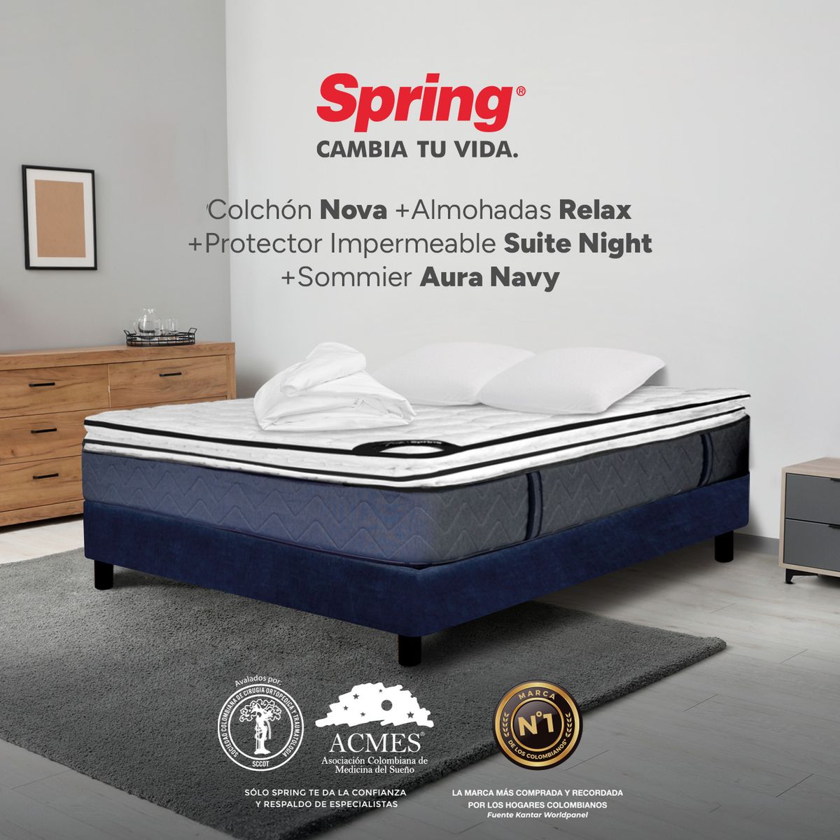 COLCHONES SPRING - Colchón Spring Doble Con Base Cama Firmeza Media Ortopédico Resortado Nova 140 x 190 cm + 2 Almohadas + Protector