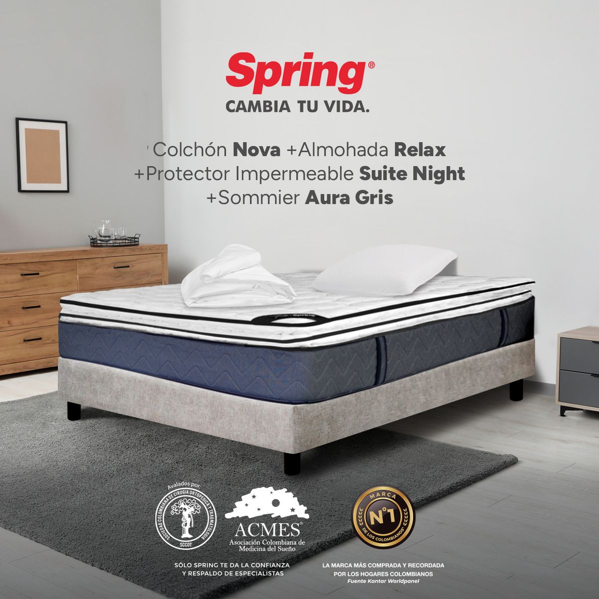 COLCHONES SPRING - Colchón Spring Sencillo Con Base Cama Firmeza Media Ortopédico Resortado Nova 100 x 190 cm + Almohada + Protector