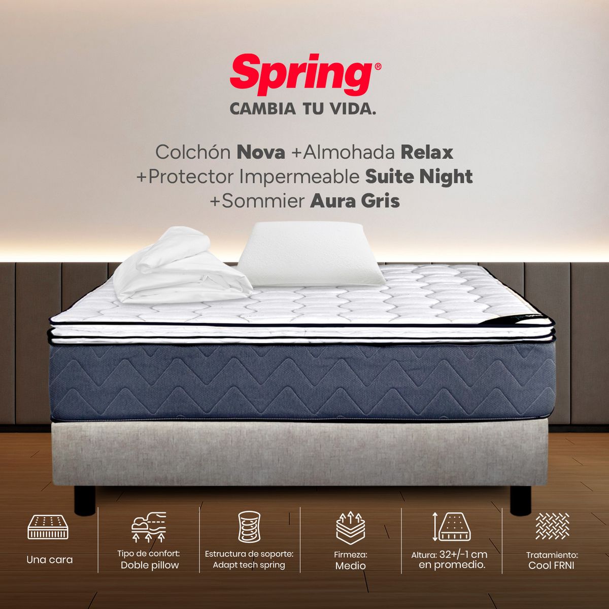 COLCHONES SPRING - Colchón Spring Semidoble Con Base Cama Firmeza Media Ortopédico Resortado Nova 120 x 190 cm + Almohada + Protector