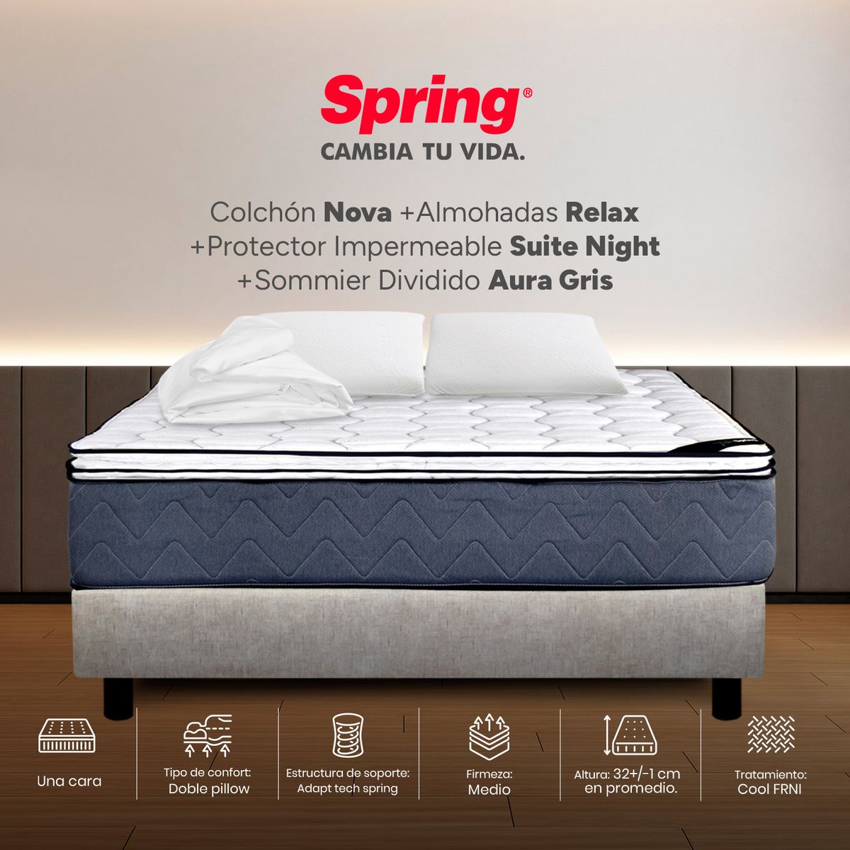 COLCHONES SPRING - Colchón Spring King Con Base Cama Firmeza Media Ortopédico Resortado Nova 200 x 200 cm + 2 Almohadas + Protector