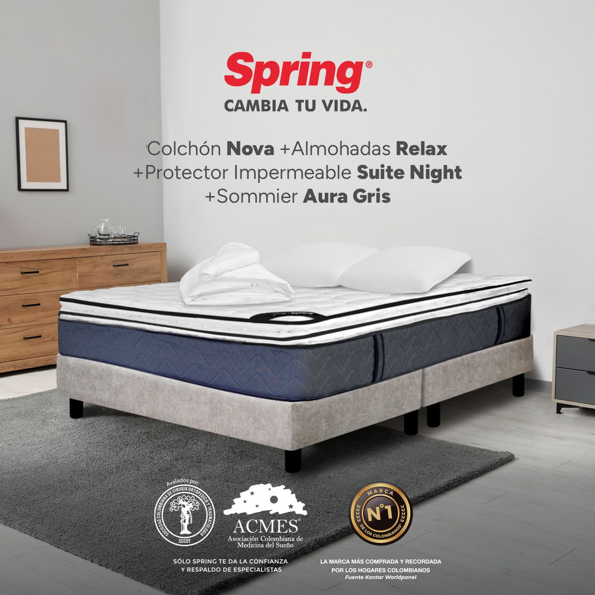 COLCHONES SPRING - Colchón Spring King Con Base Cama Firmeza Media Ortopédico Resortado Nova 200 x 200 cm + 2 Almohadas + Protector